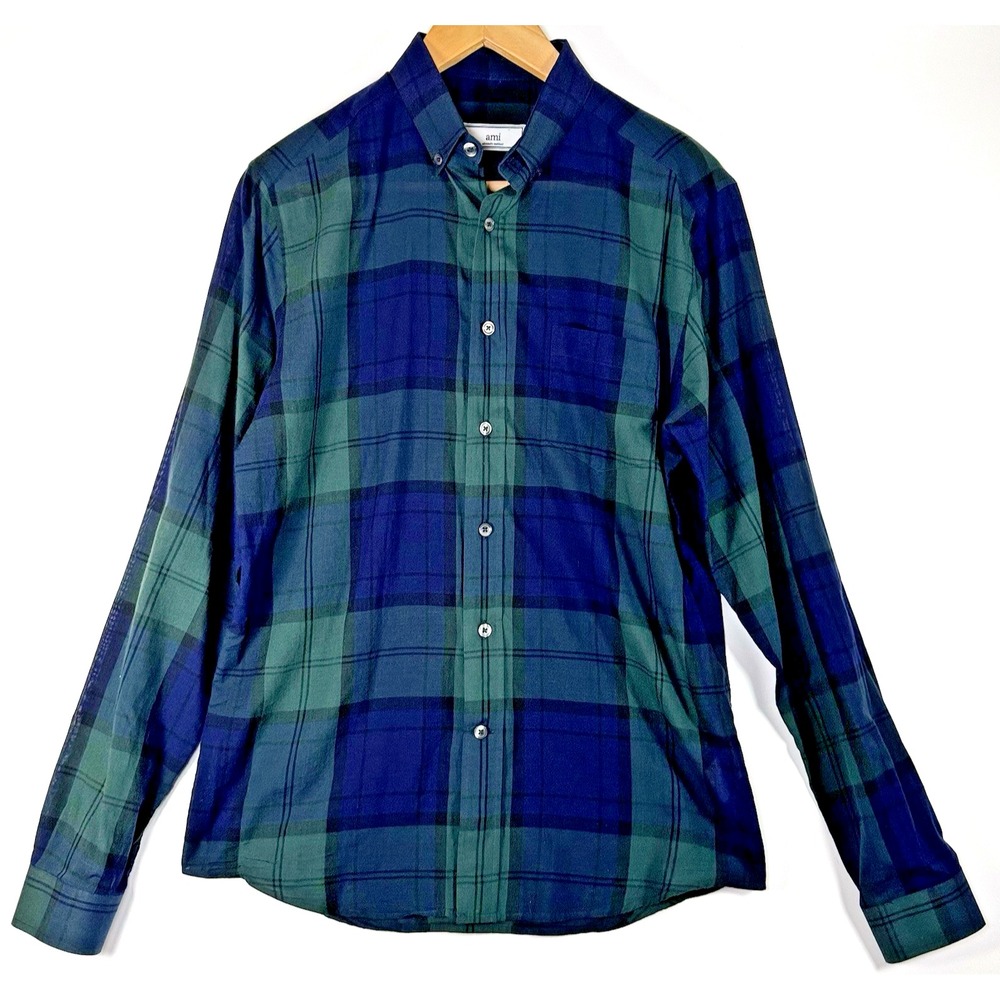 AMI Paris Shirt Mens 39 Blue Green Plaid Cotton Alexandre Mattiussi Designer